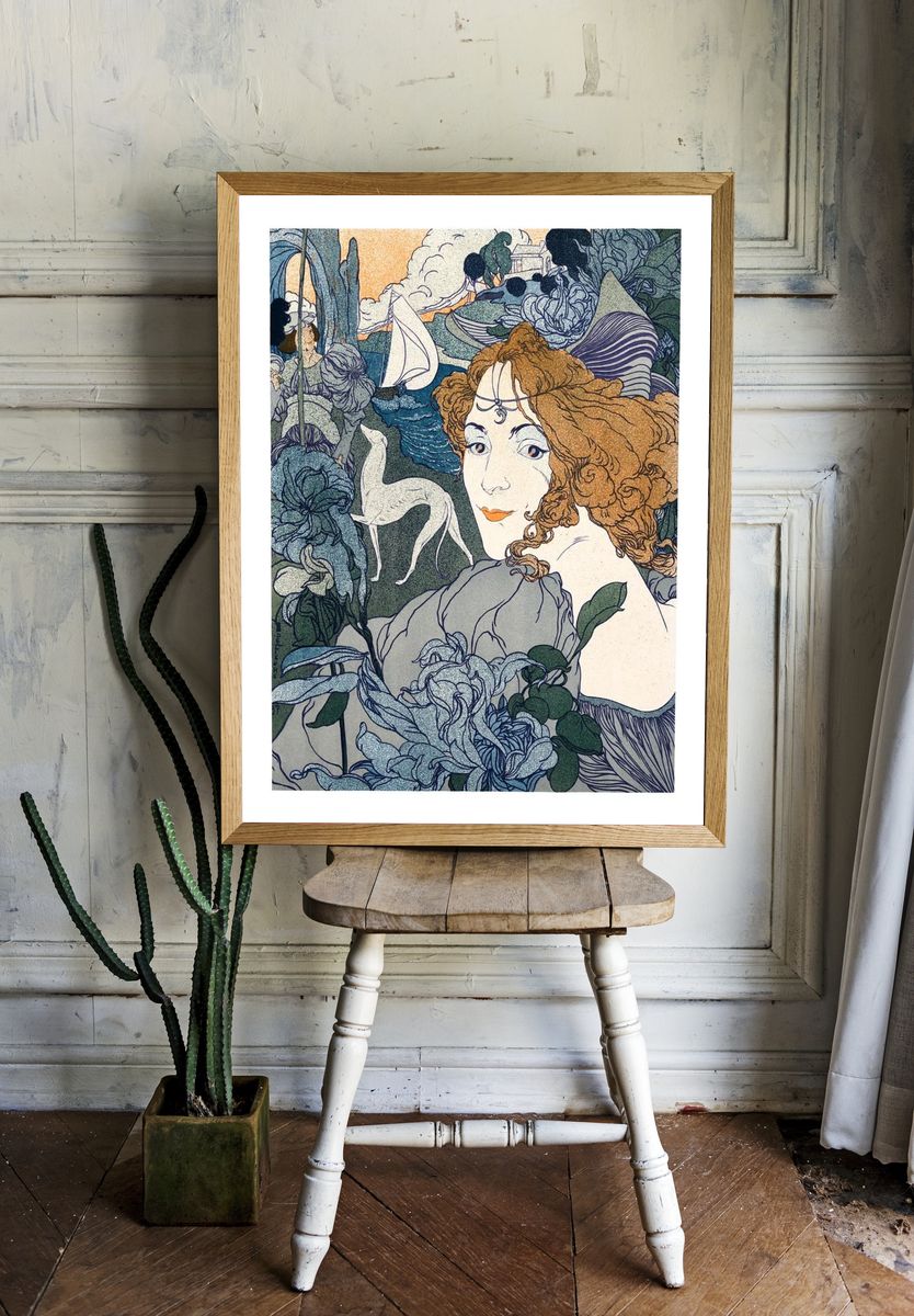 Elegant Woman with Flowers — Art Nouveau Print room preview
