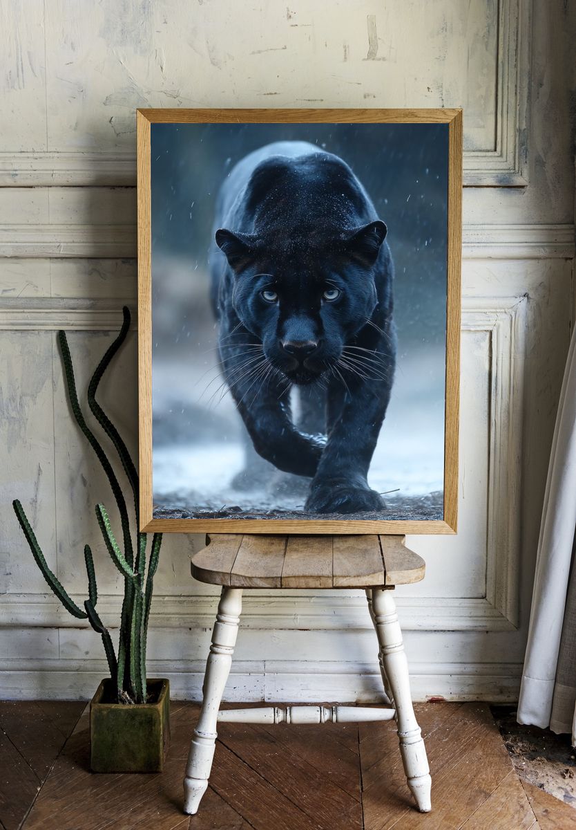 Black Panther in Rain Photography Poster. — room view 1
