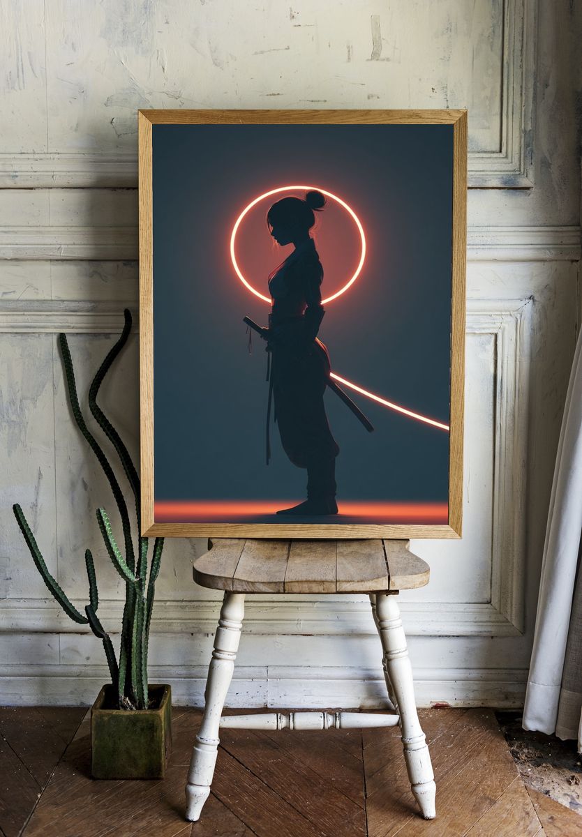 Neon Samurai Silhouette Poster room preview