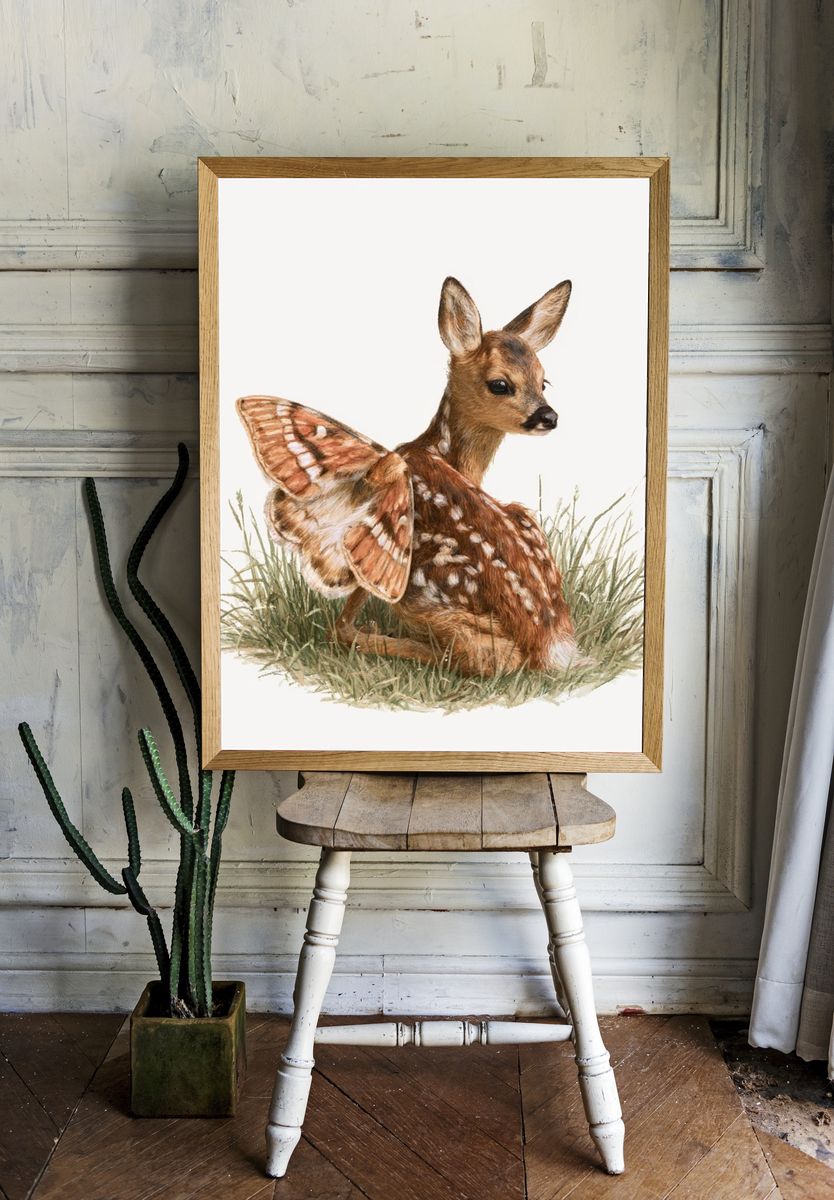 Fawn and Butterfly Watercolor Poster. — room view 1
