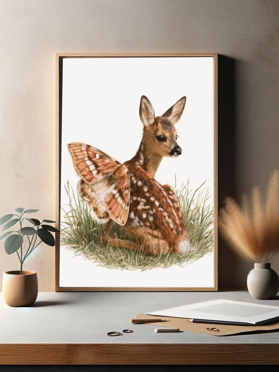 Fawn and Butterfly Watercolor Poster. — room view 2