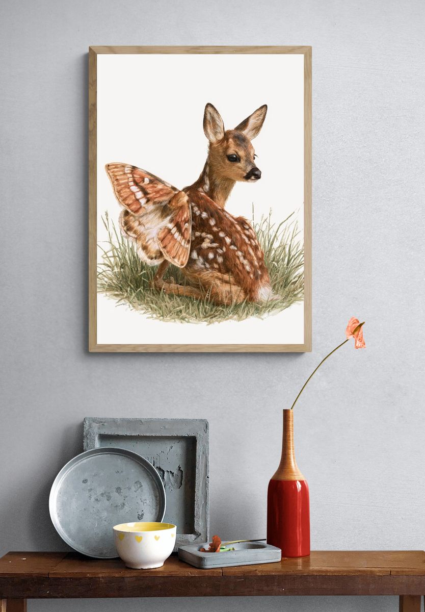 Fawn and Butterfly Watercolor Poster. — room view 3