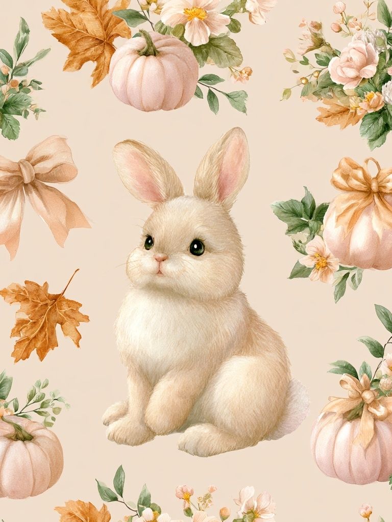Bunny and Pumpkins Watercolor Poster. poster detail