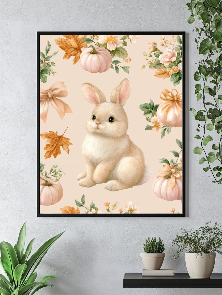 Bunny and Pumpkins Watercolor Poster. — room view 4