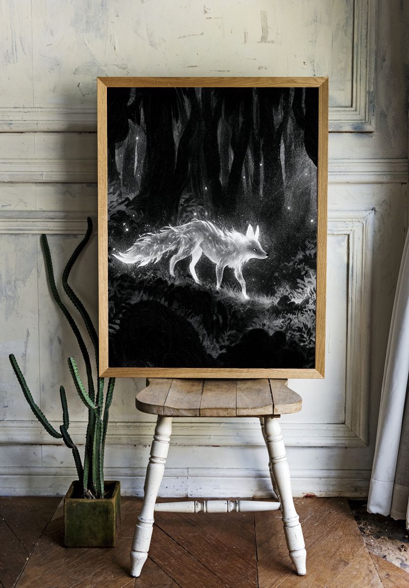 Moonlit Fox Forest Print. room preview