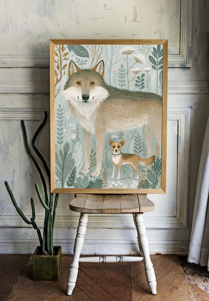 Forest Wolf and Fox Illustration Poster. — room view 1