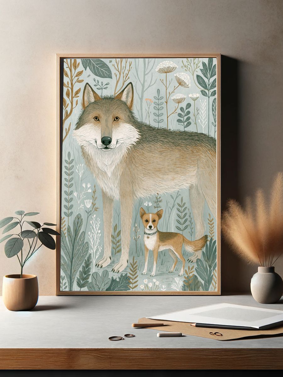 Forest Wolf and Fox Illustration Poster. — room view 2