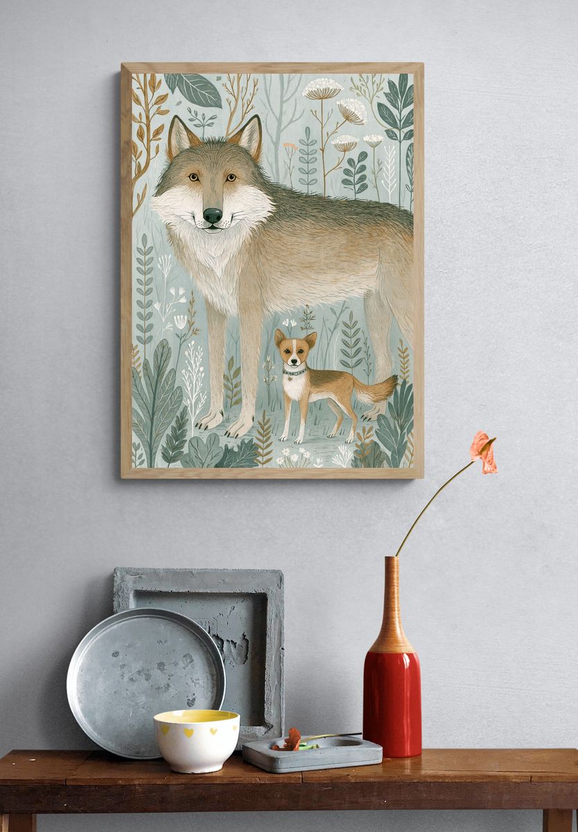 Forest Wolf and Fox Illustration Poster. — room view 3