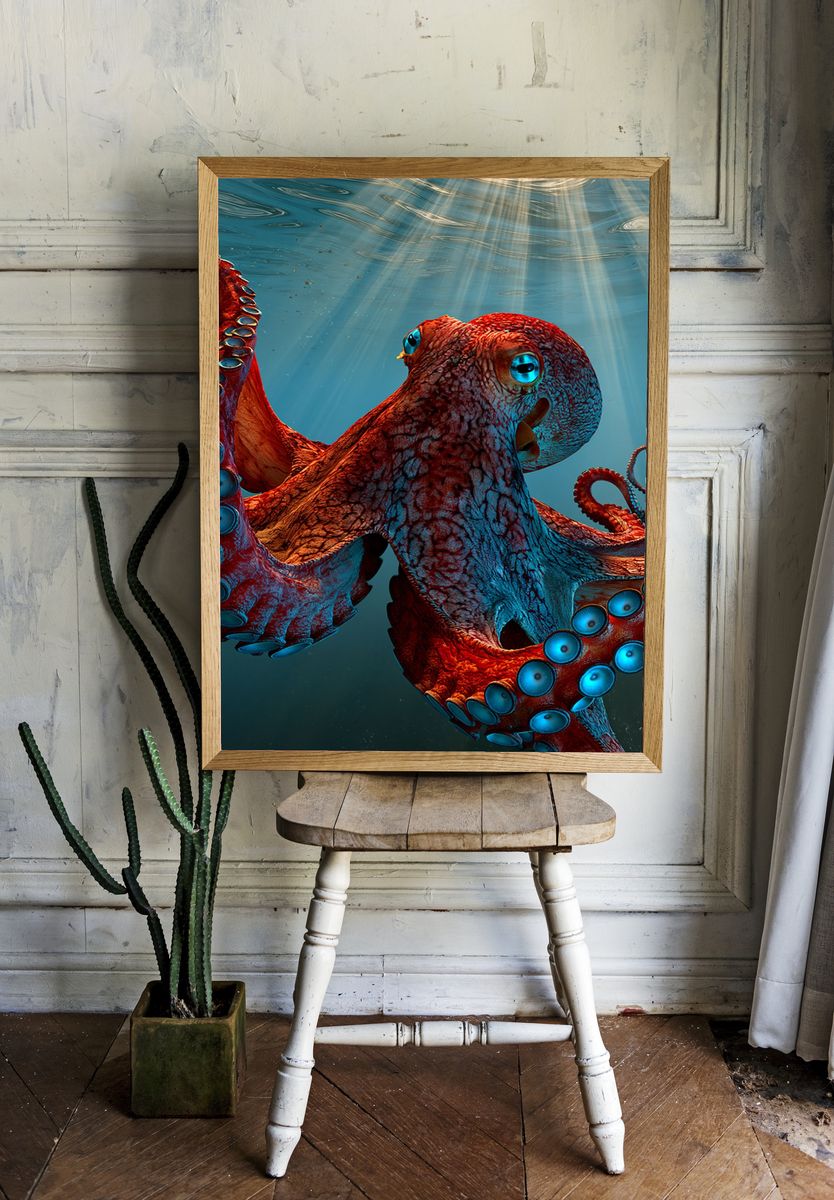 Underwater Octopus Digital Art Poster. — room view 1