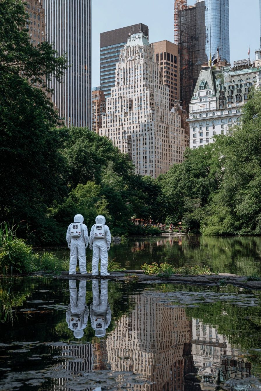 Astronauts in Central Park — Urban Photography Poster. poster detail
