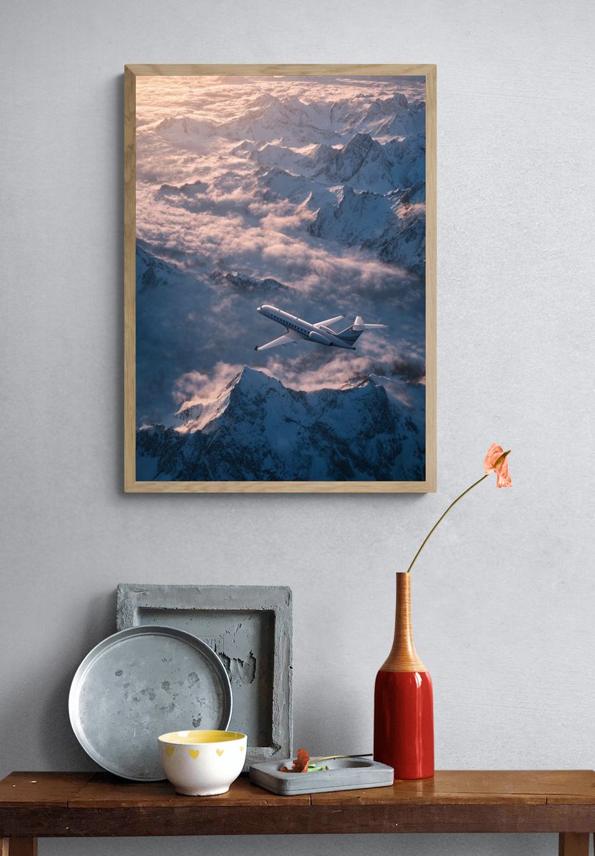 Airplane Over Snowy Mountains — Photography Print. — room view 3