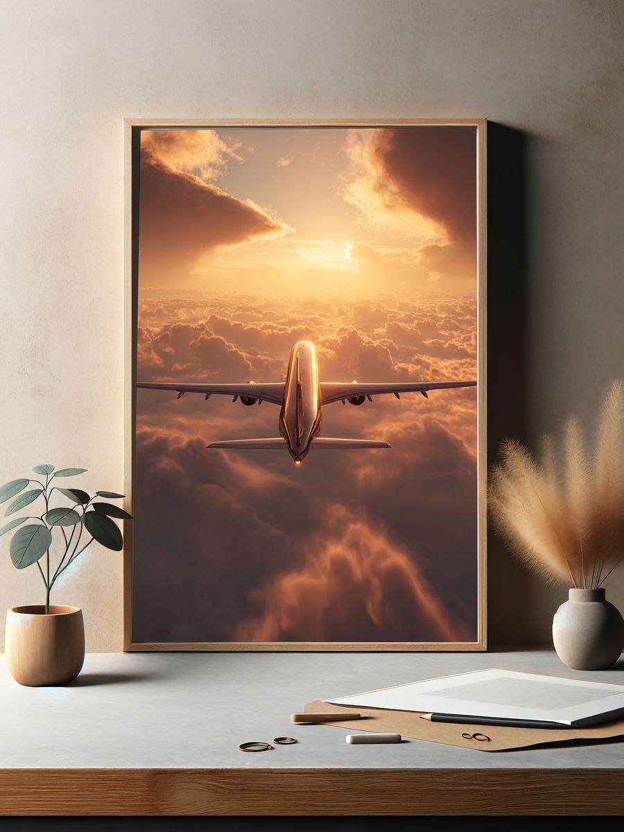 Airplane in Sunset Sky Poster. — room view 2