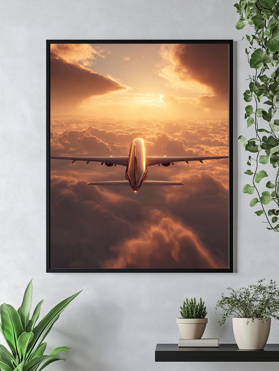 Airplane in Sunset Sky Poster. — room view 4