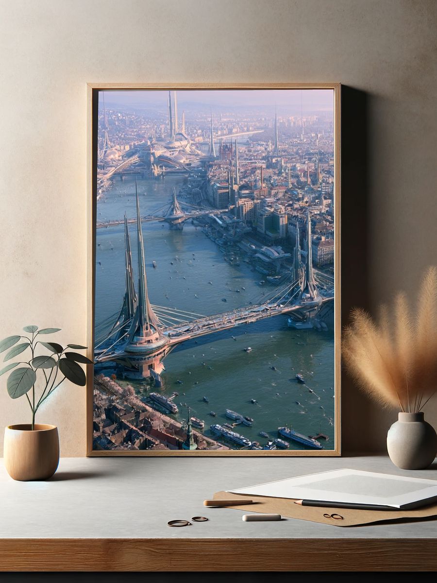 Futuristic River Cityscape Print. — room view 2
