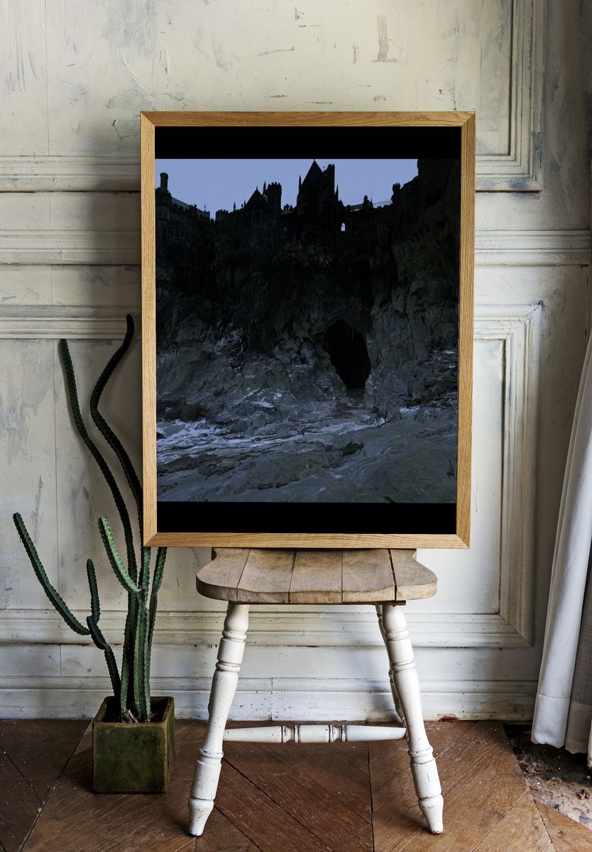 Moonlit Cliff Castle Poster. room preview