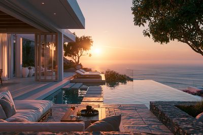 Oceanfront Sunset Villa Photography Poster. poster