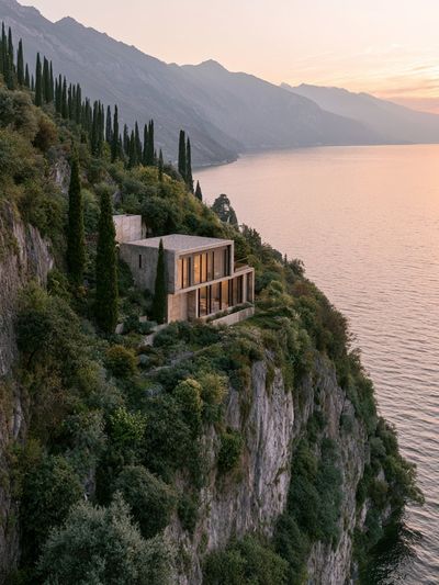 Cliffside Villa at Sunset Poster. poster