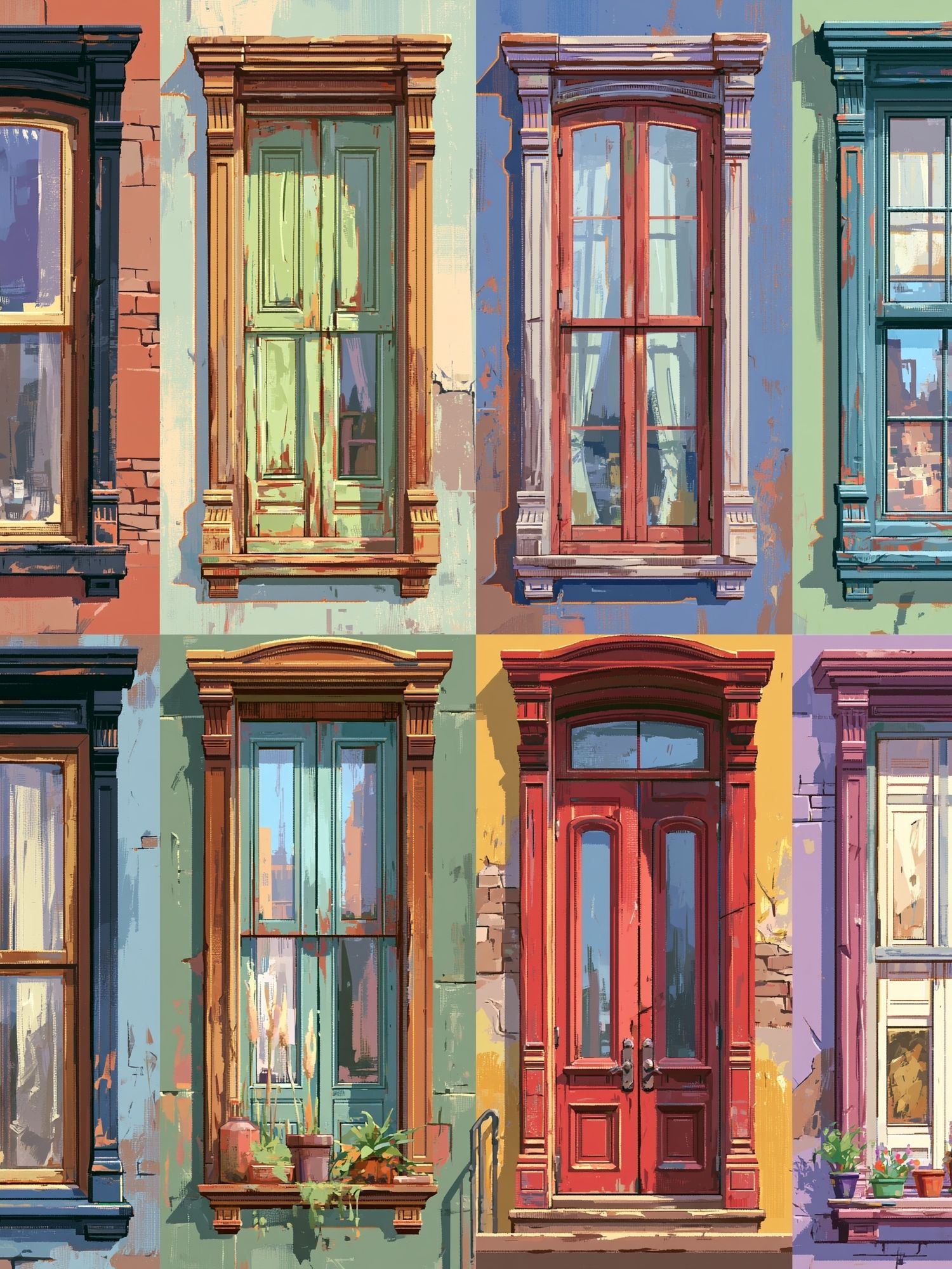 Colorful Brownstone Windows Illustration Poster. poster detail