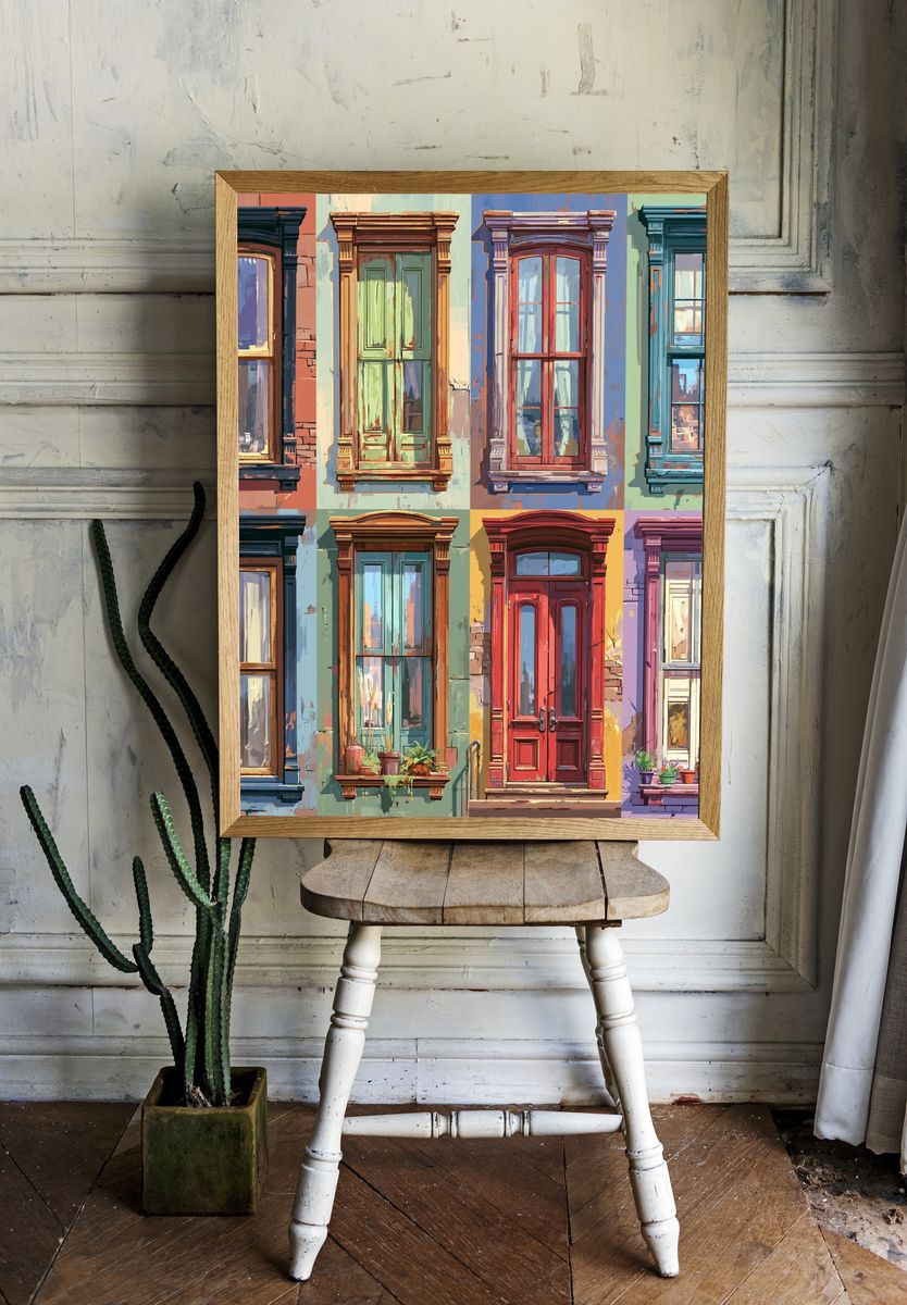 Colorful Brownstone Windows Illustration Poster. — room view 1