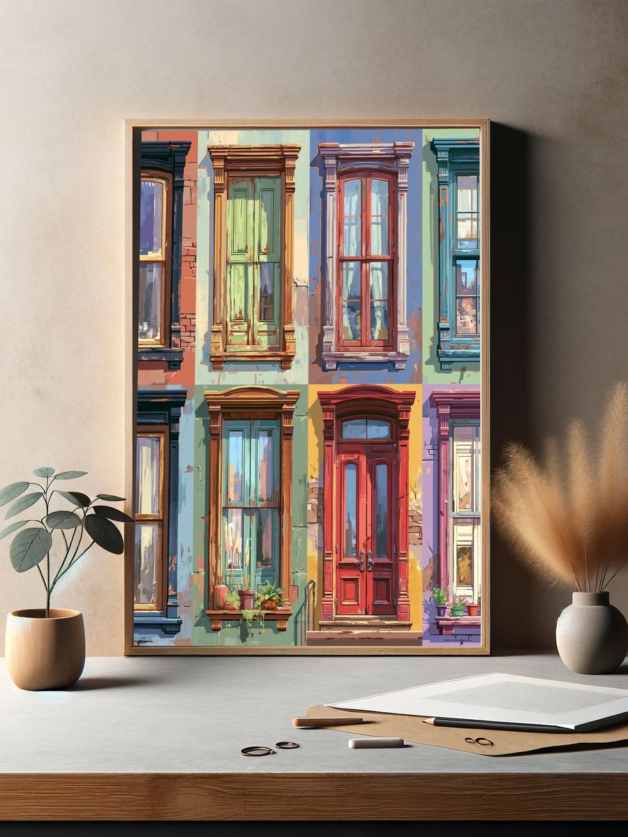 Colorful Brownstone Windows Illustration Poster. — room view 2