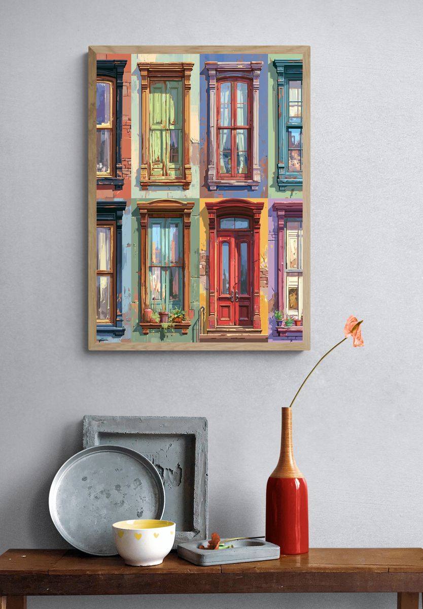 Colorful Brownstone Windows Illustration Poster. — room view 3