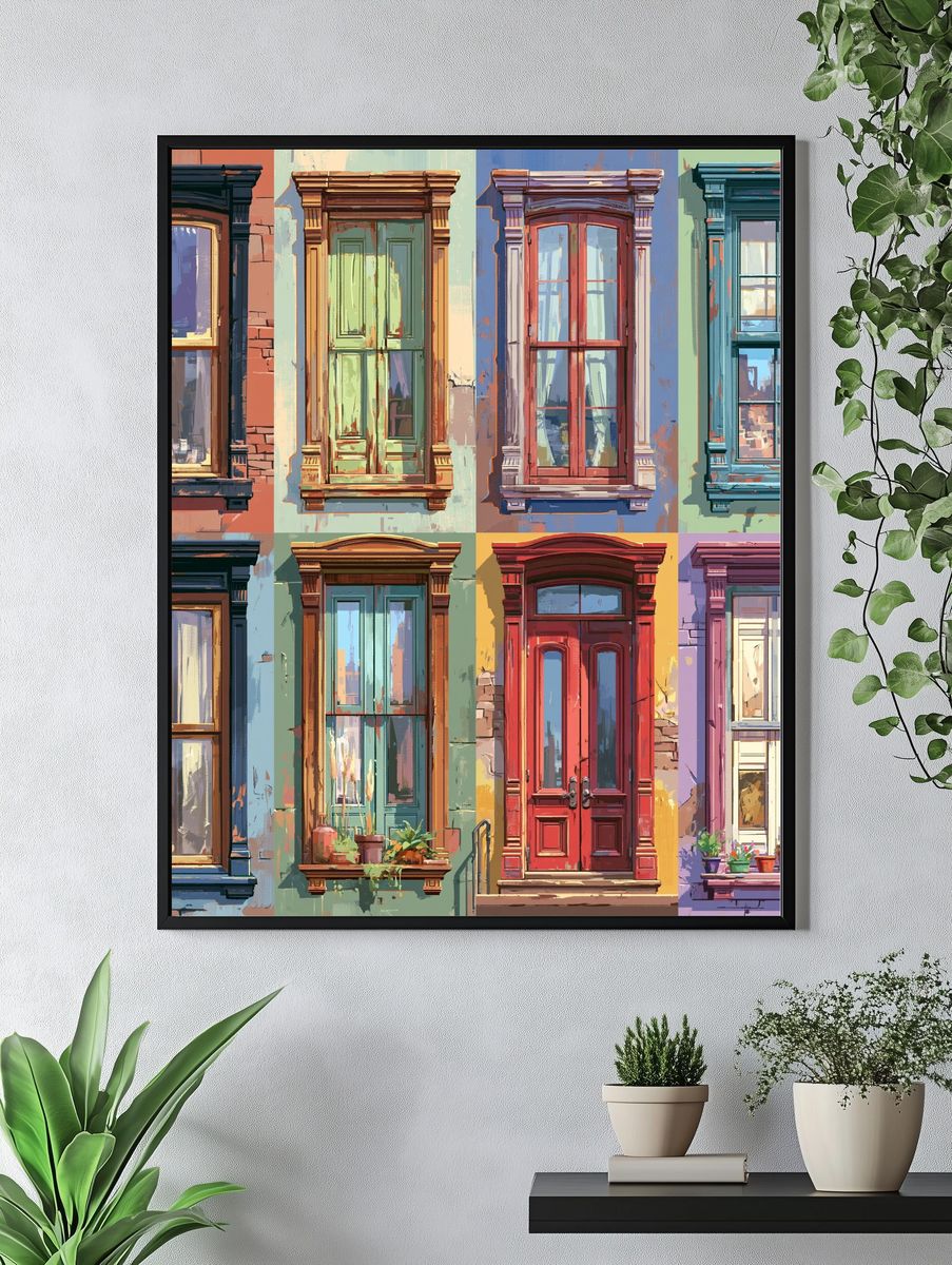 Colorful Brownstone Windows Illustration Poster. — room view 4