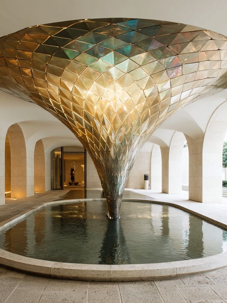 Golden Architectural Fountain Print. poster — architecture art
