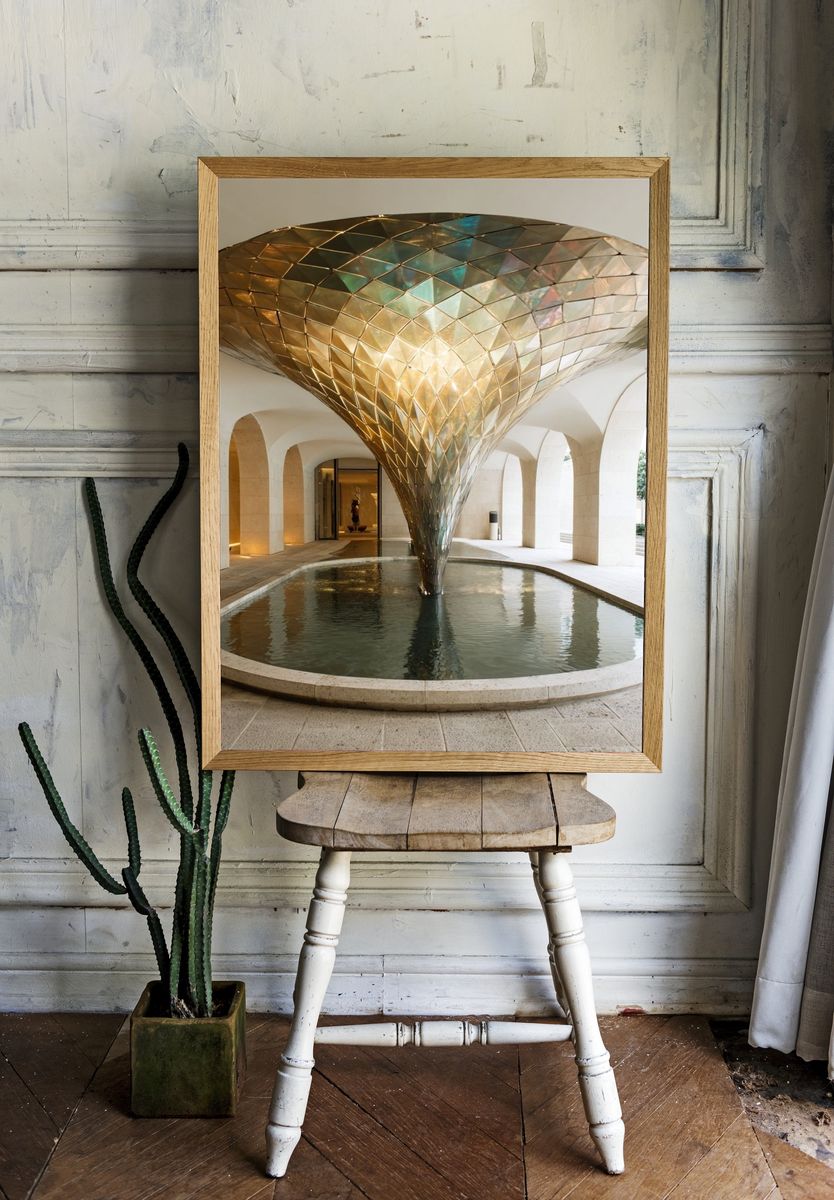 Golden Architectural Fountain Print. room preview