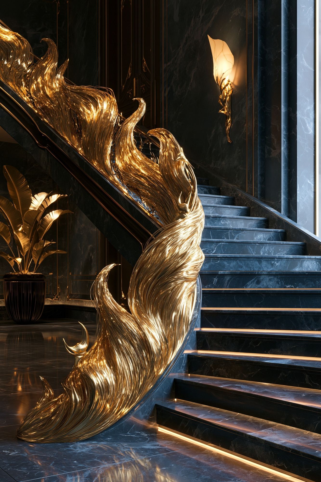 Golden Staircase Sculpture Print. poster — architecture art