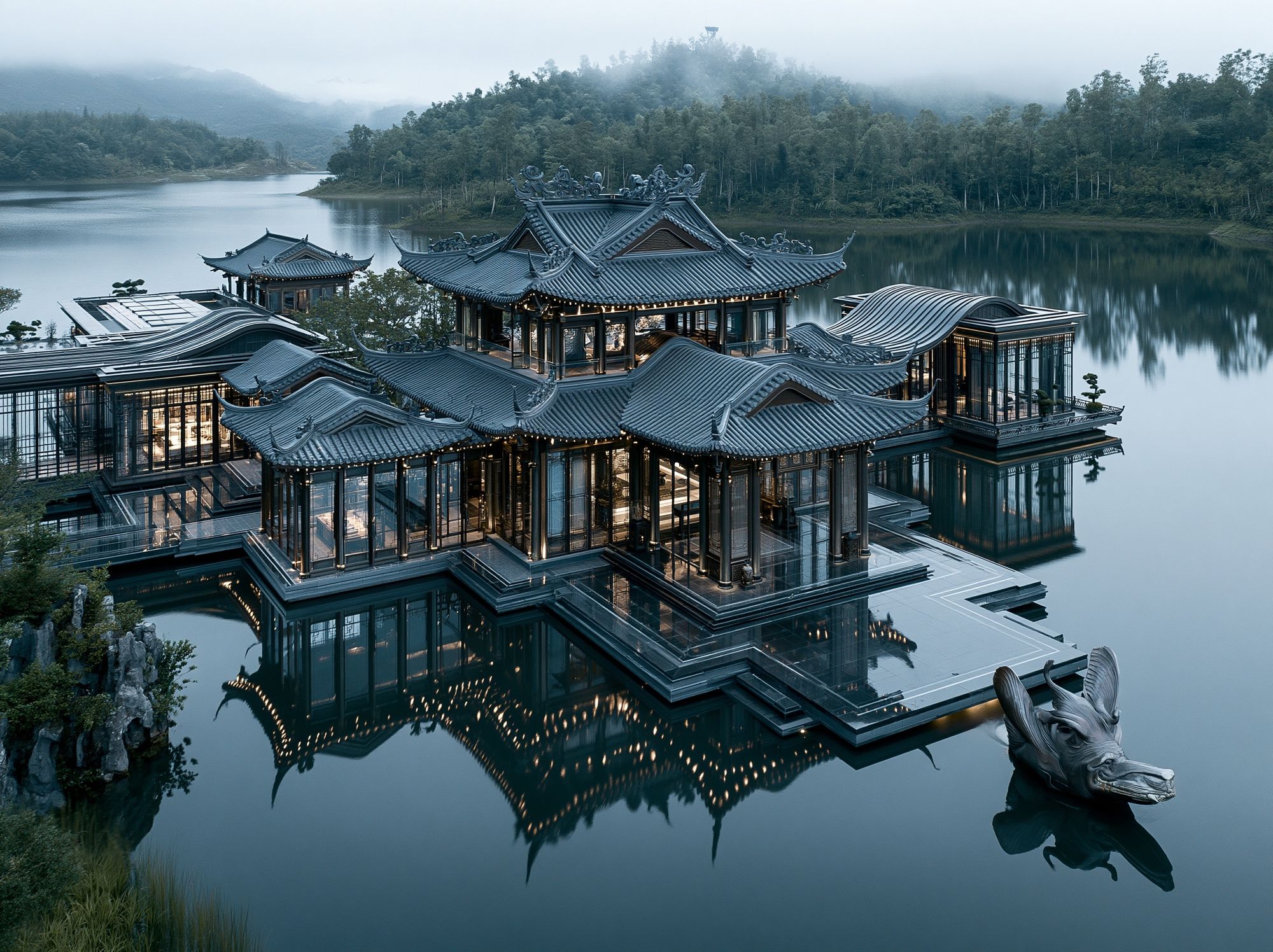 Misty Lakeside Temple Architecture Print. poster — architecture art