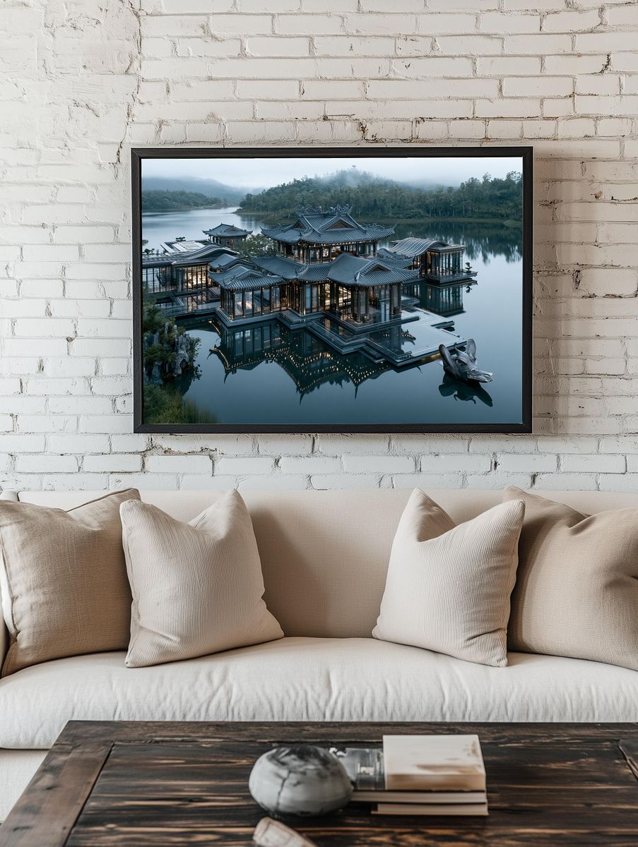Misty Lakeside Temple Architecture Print. — room view 1