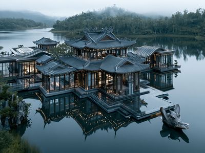 Misty Lakeside Temple Architecture Print. poster