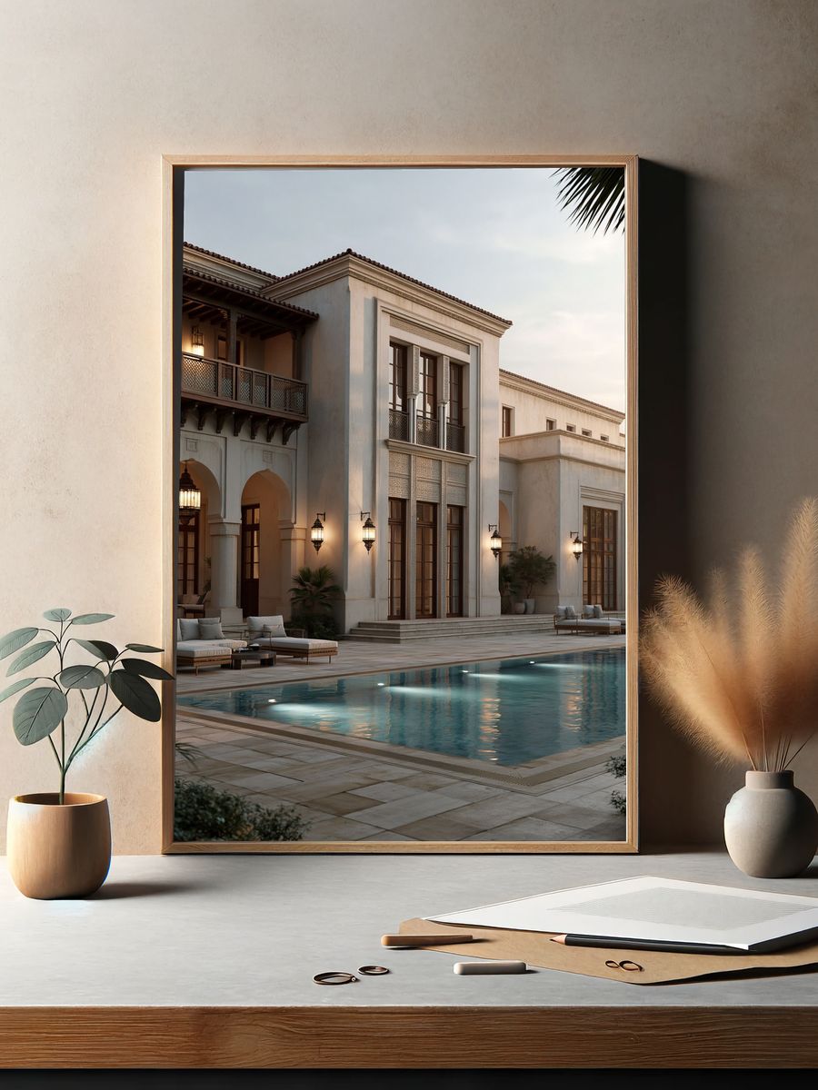 Mediterranean Villa Poolside Architecture Print. — room view 2
