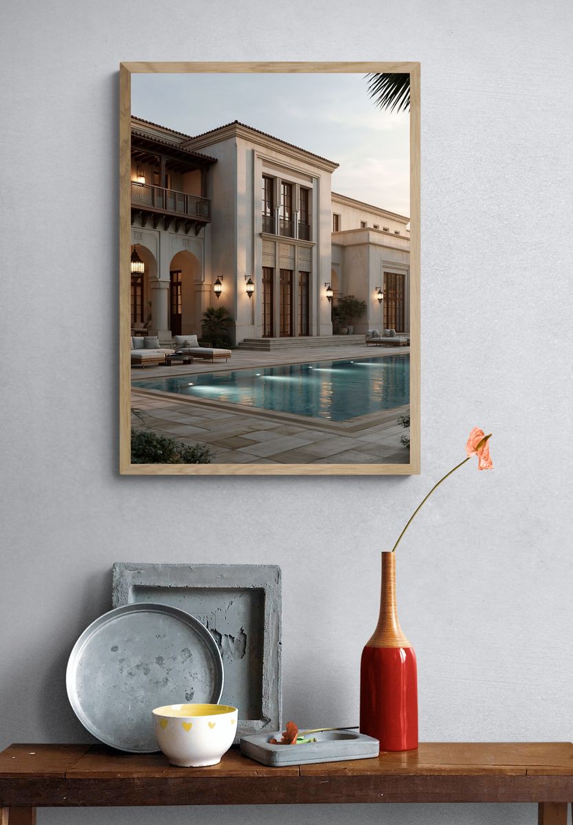 Mediterranean Villa Poolside Architecture Print. — room view 3