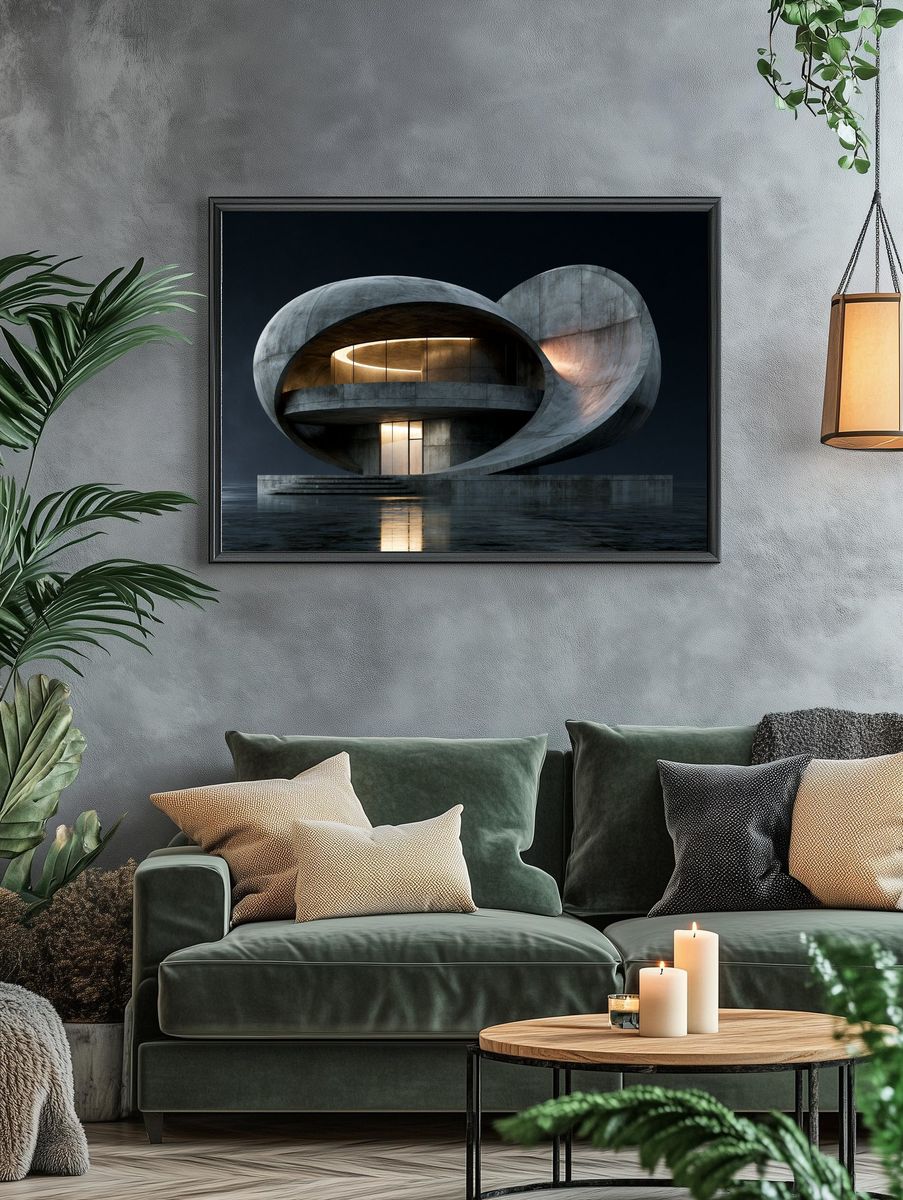 Futurist Concrete Pavilion Architecture Print. — room view 4