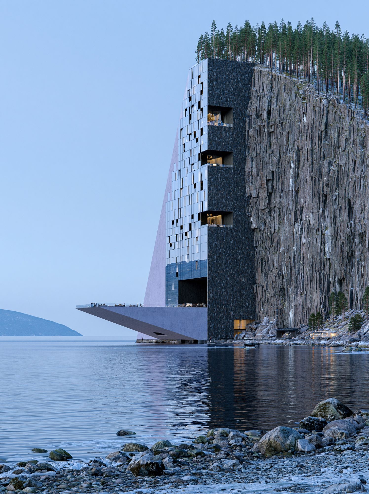 Cliffside Modern Hotel Photography Poster. poster detail