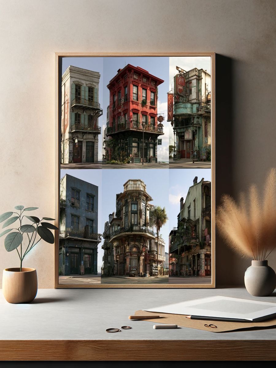 Weathered City Buildings Architecture Print. — room view 2