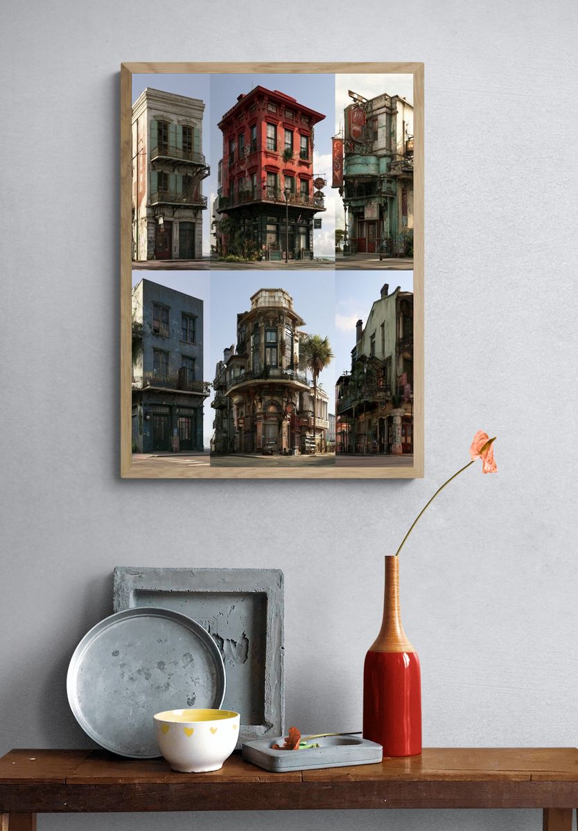Weathered City Buildings Architecture Print. — room view 3