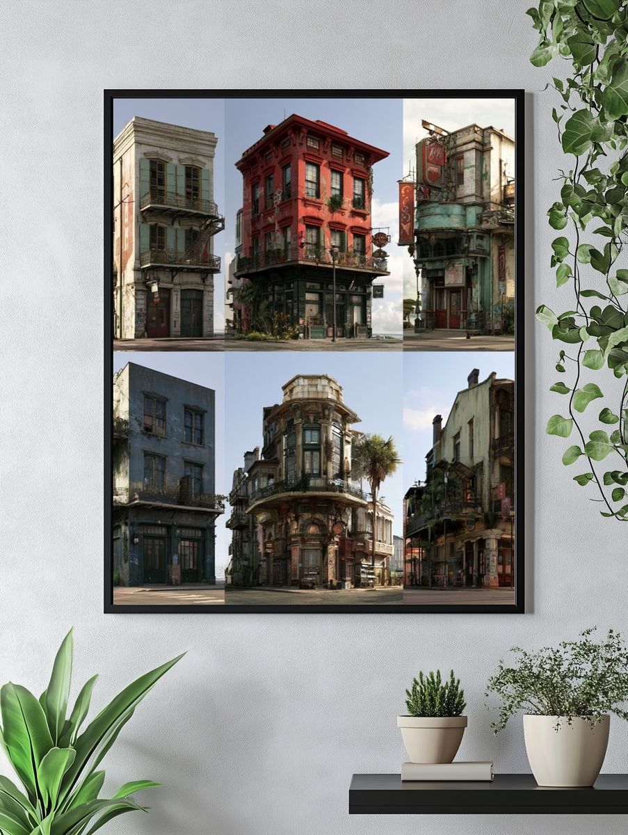 Weathered City Buildings Architecture Print. — room view 4