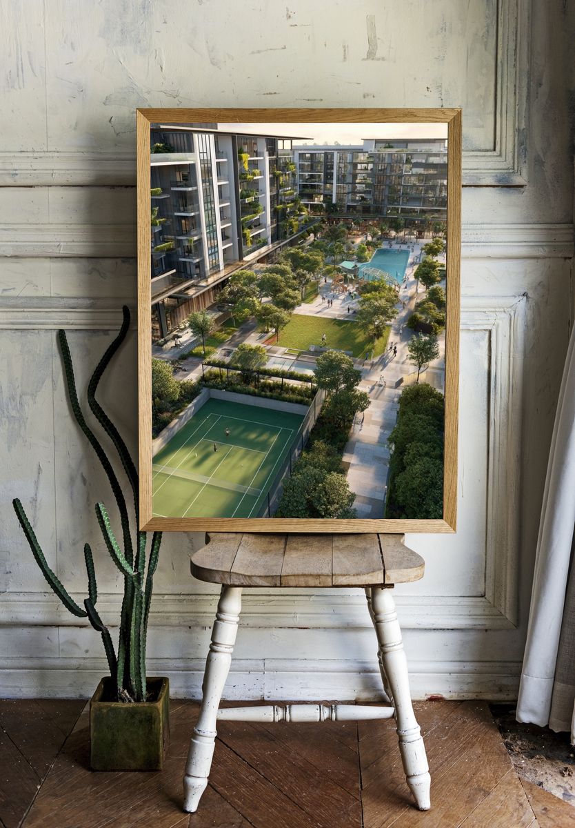 Modern Courtyard Resort Architecture Poster. — room view 1