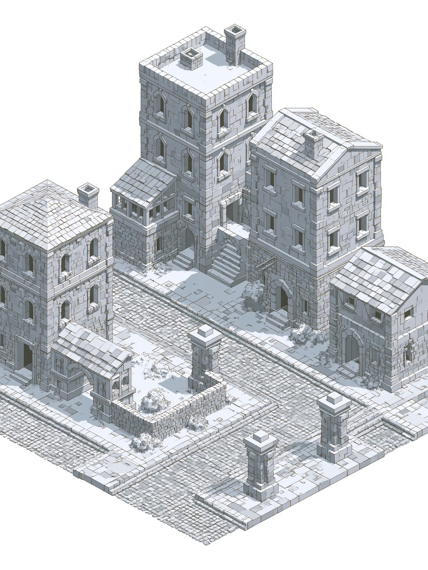 Isometric Stone Village Architecture Print. poster — architecture art