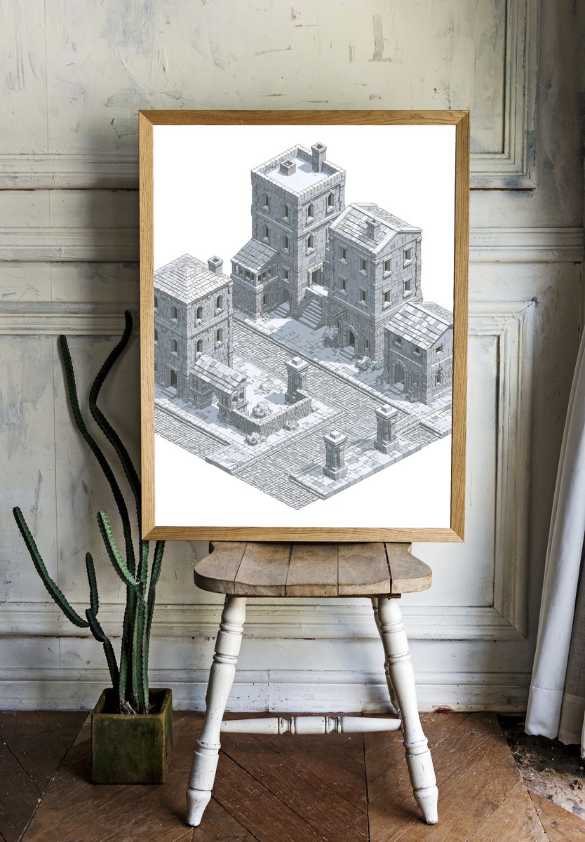 Isometric Stone Village Architecture Print. — room view 1