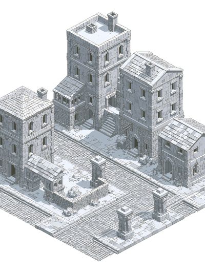 Isometric Stone Village Architecture Print. poster