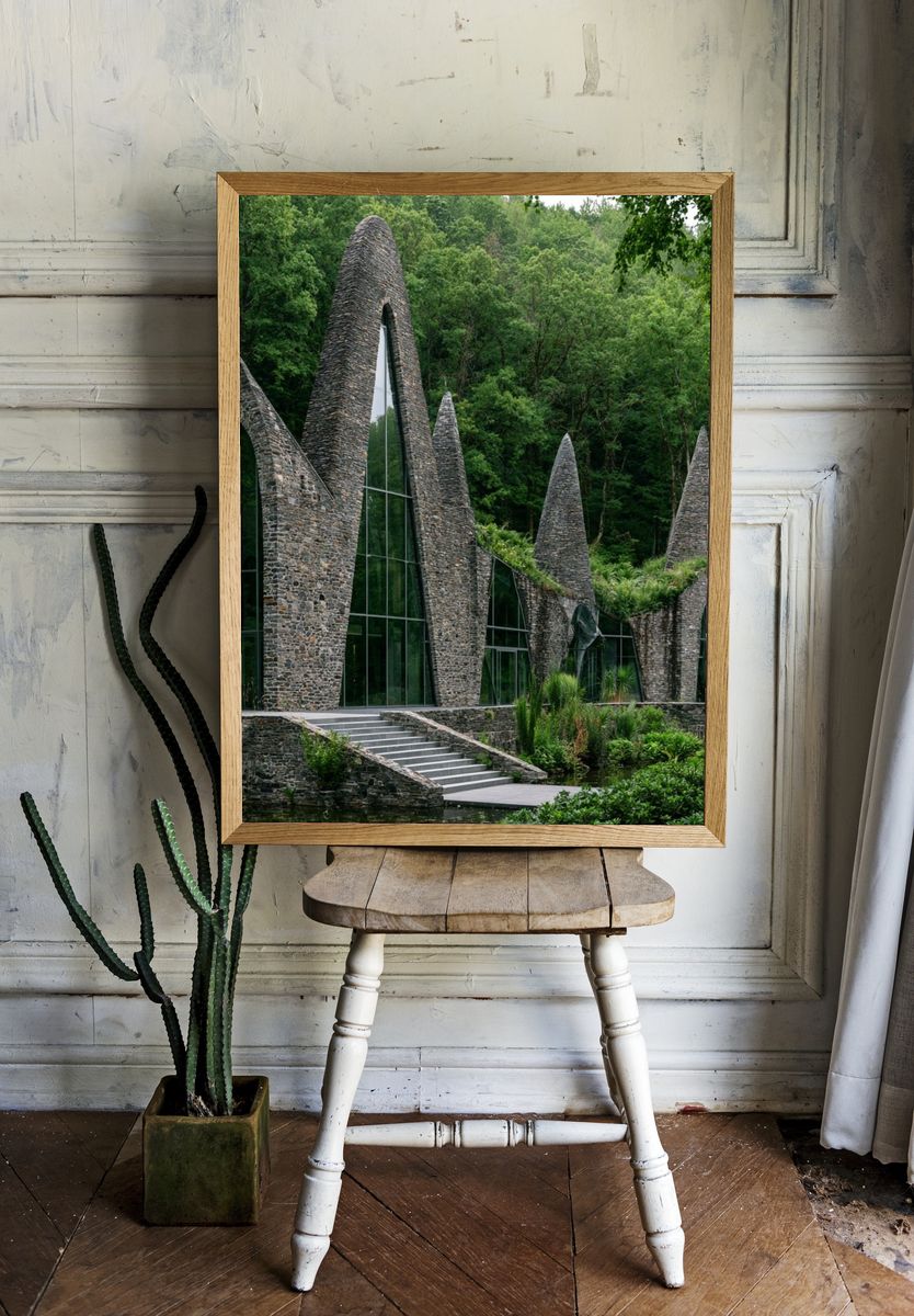 Forest Stone Chapel Architecture Print. — room view 1