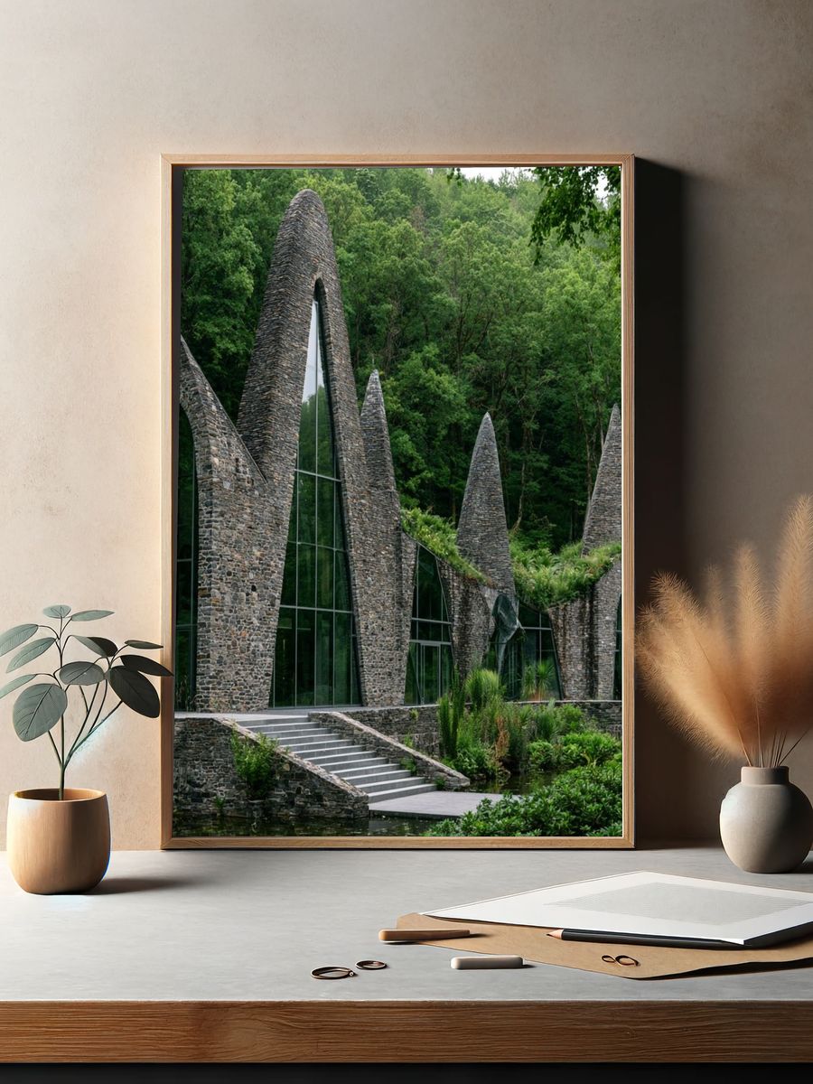 Forest Stone Chapel Architecture Print. — room view 2