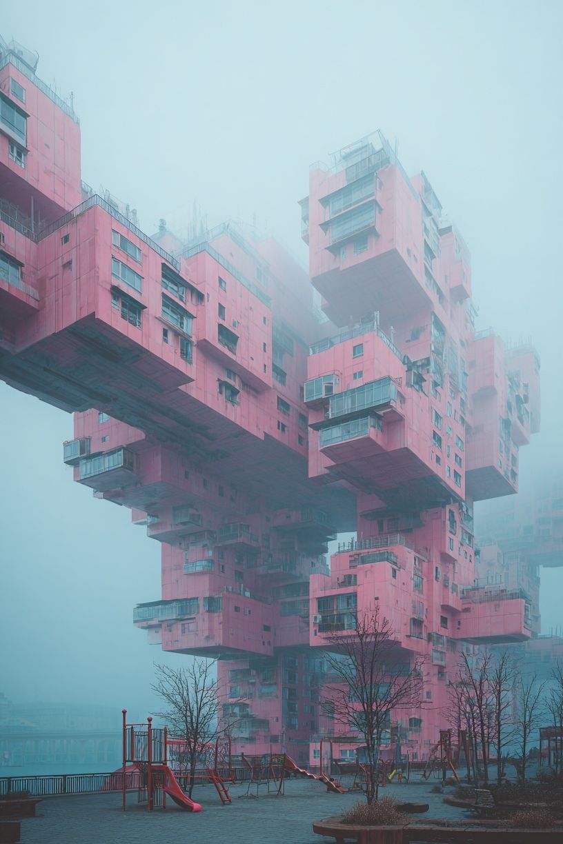 Foggy Pink Brutalist Towers Poster. poster detail