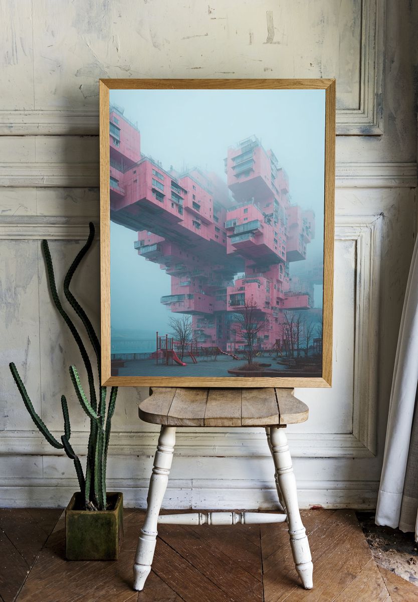 Foggy Pink Brutalist Towers Poster. — room view 1
