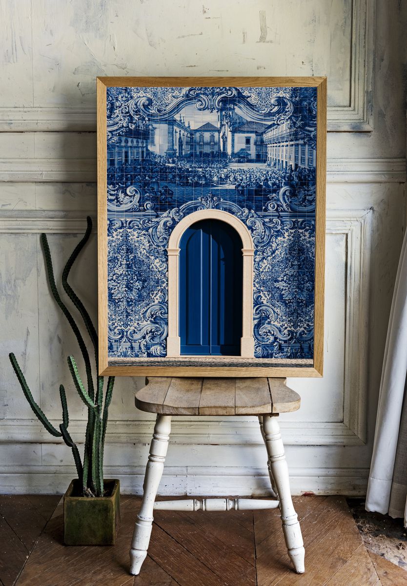 Blue Tile Courtyard Architecture Print. room preview