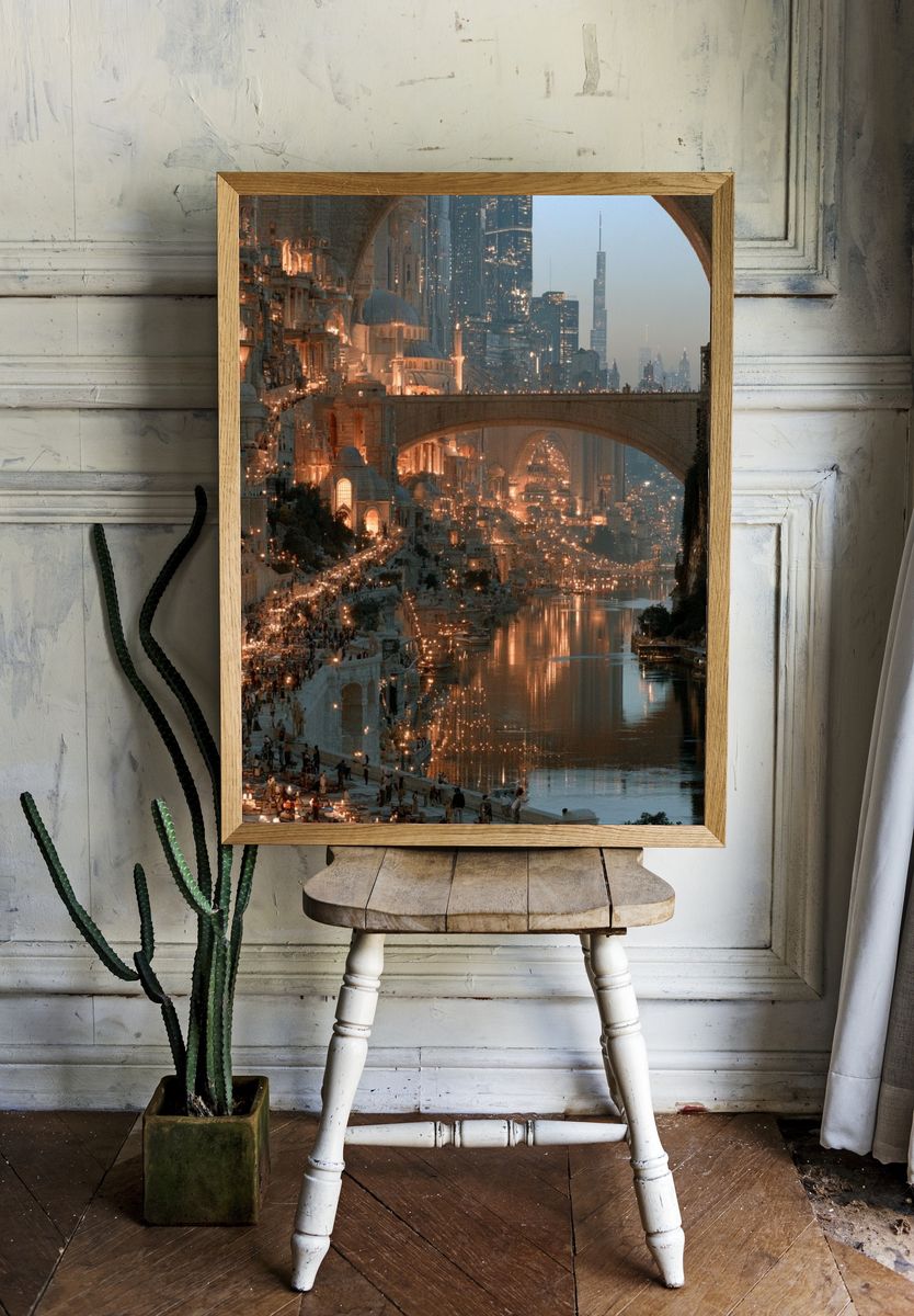 Futuristic City Canal Landscape Print. room preview