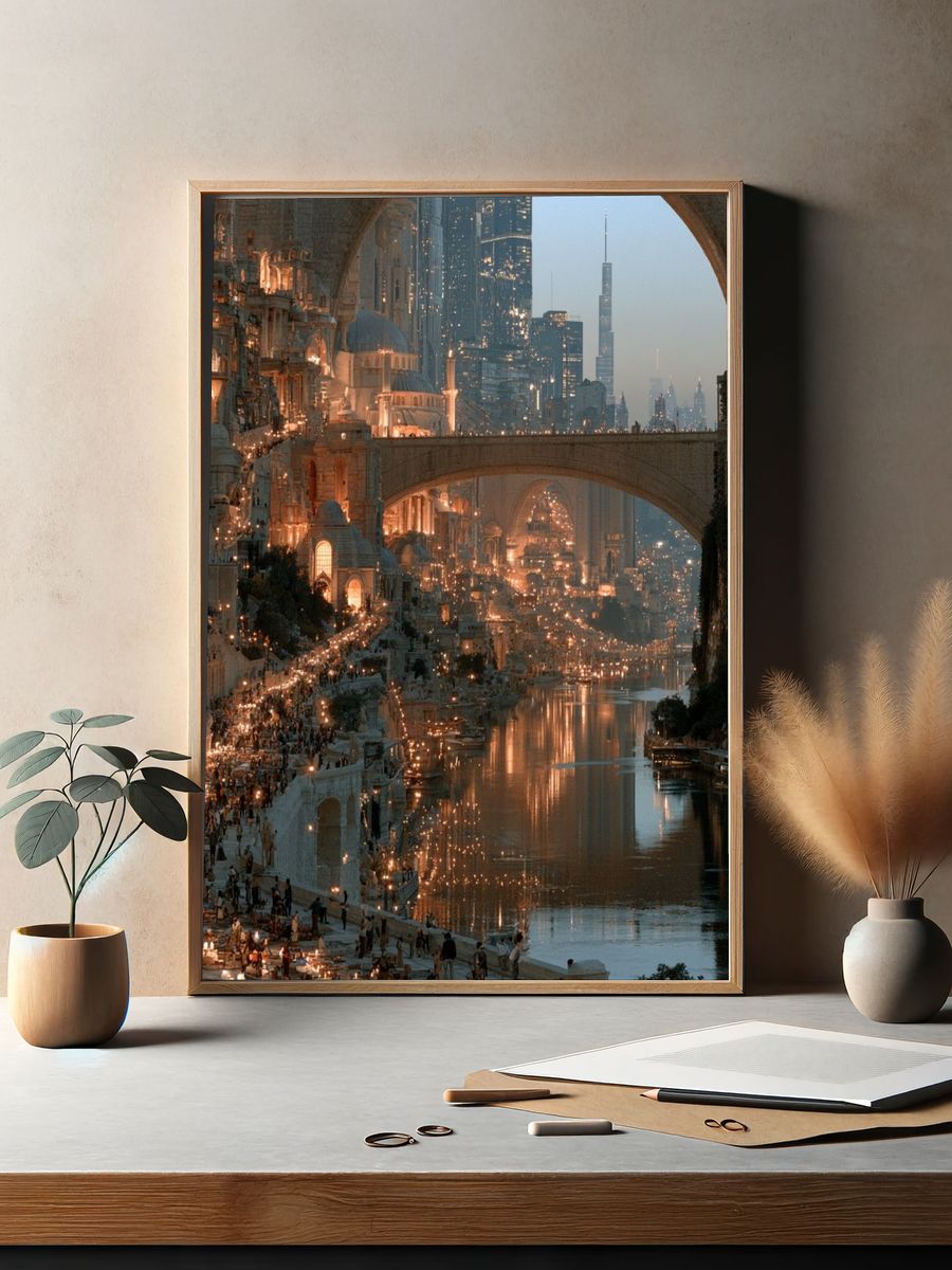 Futuristic City Canal Landscape Print. — room view 2